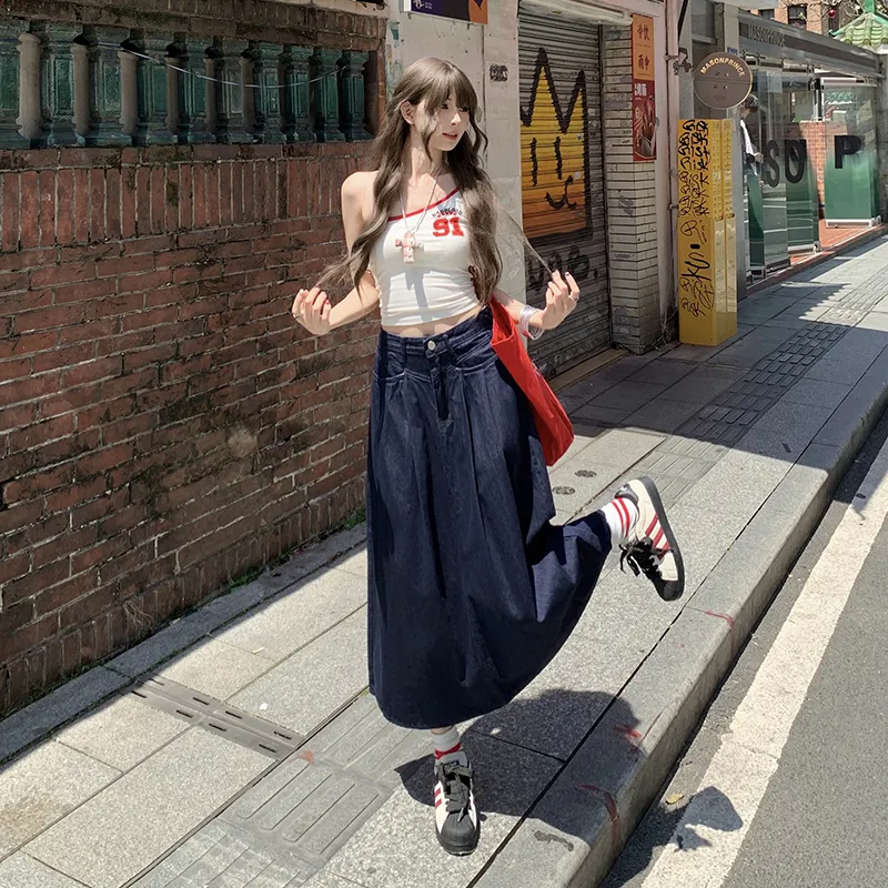 ZAZN Denim Long Skirts Women's Navy Blue-3