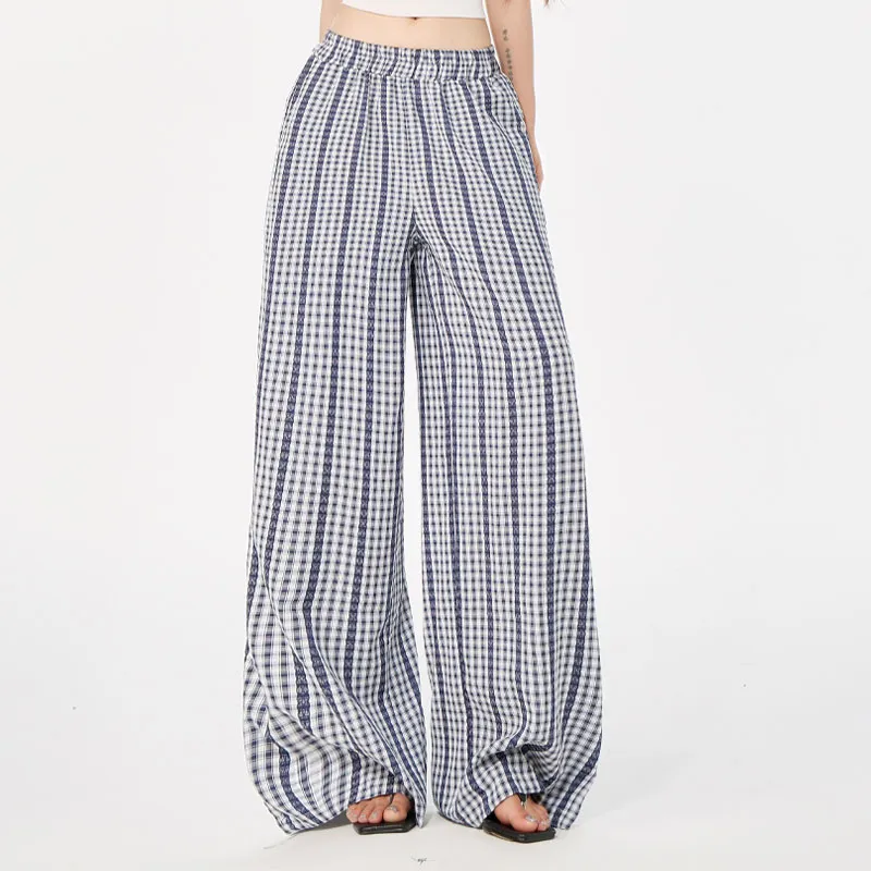 ZAZN Casual Pants Women's Blue Plaid-4