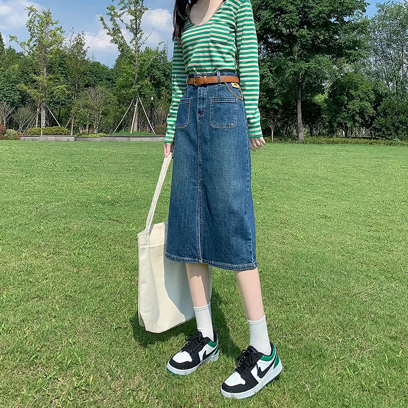 ZAZN Denim Long Skirts Women's Dark Blue-3