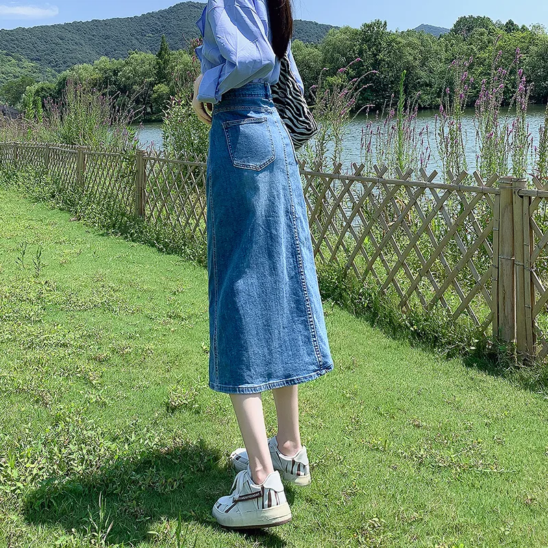 ZAZN Denim Long Skirts Women's Dark Blue-20