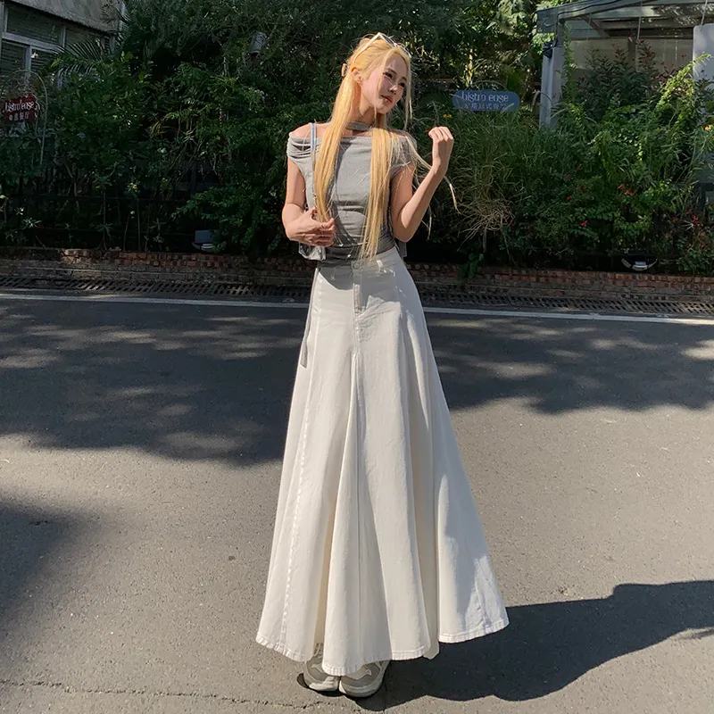 ZAZN Denim Long Skirts Women's White-6