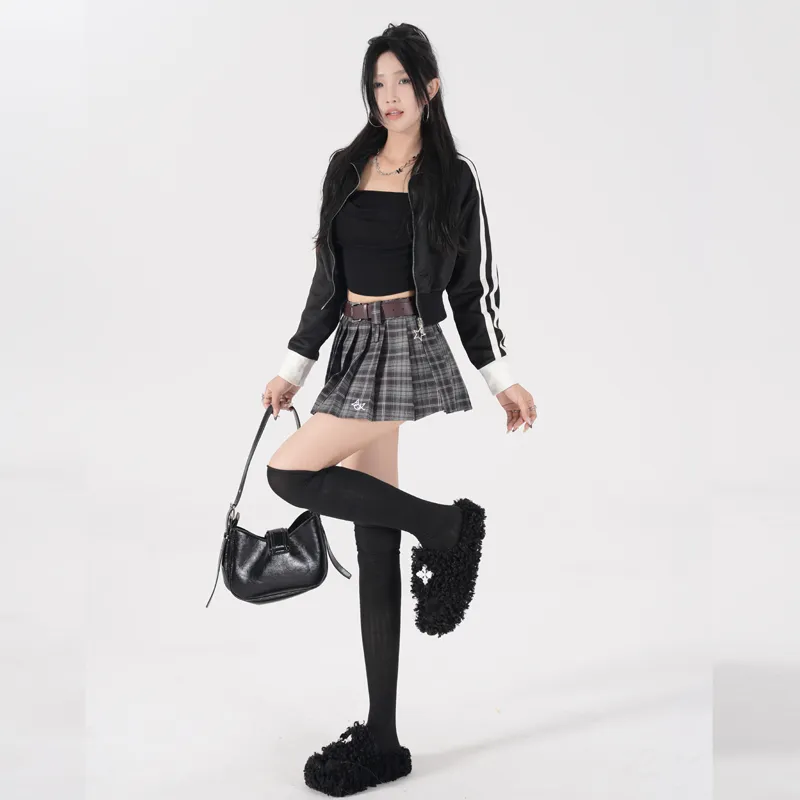 ZAZN Casual Short Skirts Women's Black Plaid Lining+Belt-2