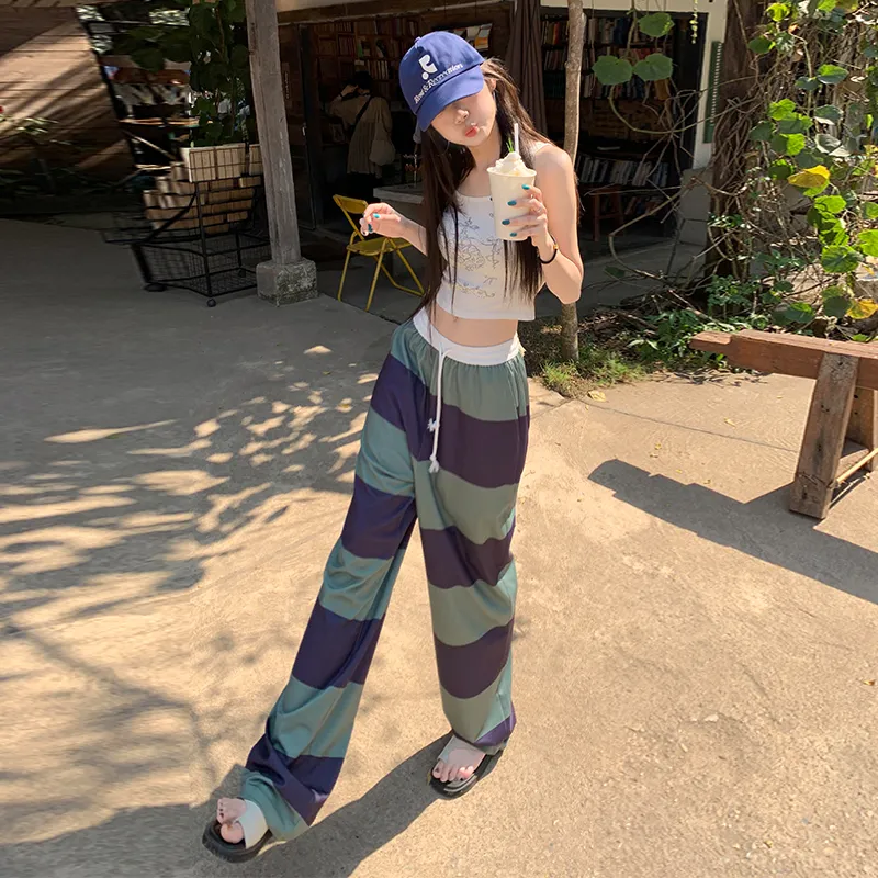 ZAZN Casual Pants Women's Purple Green Stripes-6