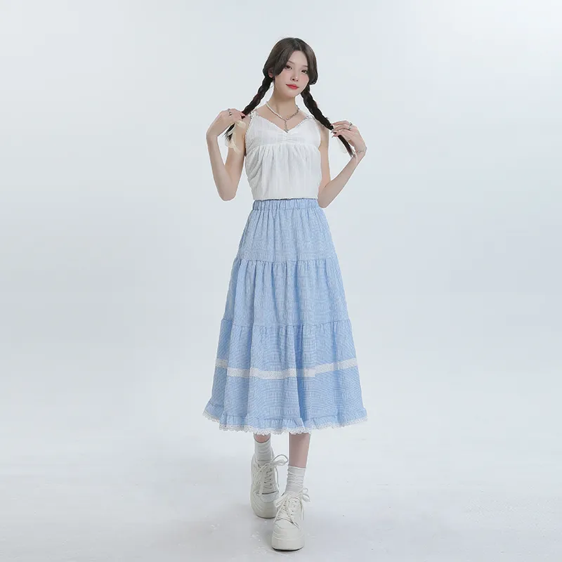 ZAZN Casual Long Skirts Women's Plaid Blue-1