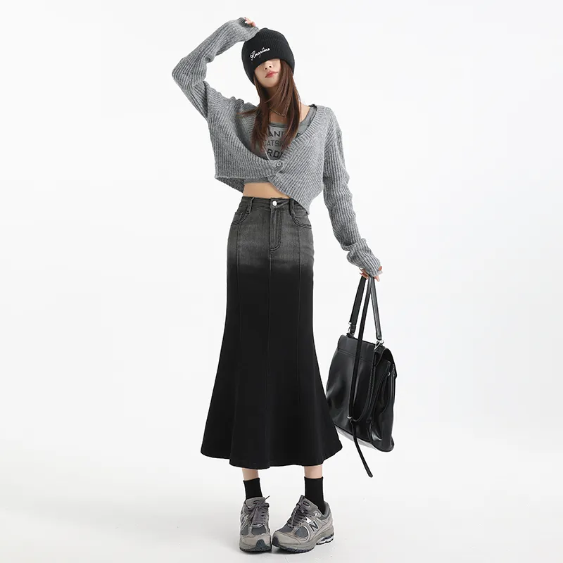 ZAZN Denim Long Skirts Women's Gray Black-3