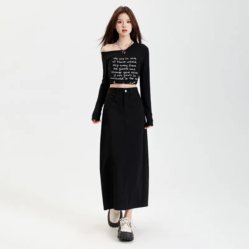 ZAZN Denim Long Skirts Women's Black-3
