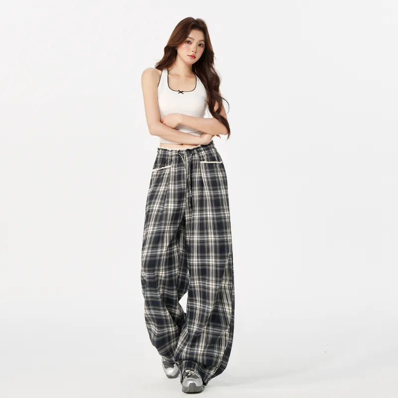 ZAZN Casual Pants Women's Gray Blue Plaid-2