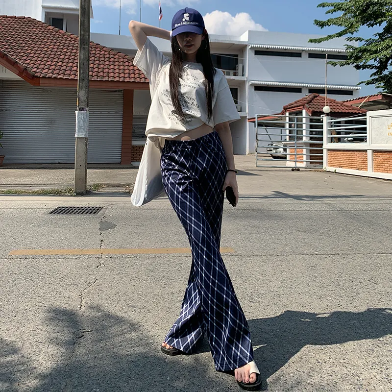 ZAZN Casual Pants Women's Blue White Plaid Diamond-10
