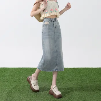 ZAZN Denim Long Skirts Women's Light Blue