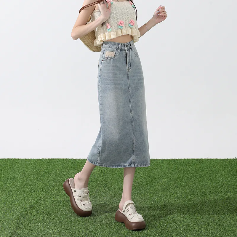 ZAZN Denim Long Skirts Women's Light Blue-0