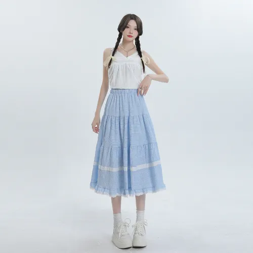 ZAZN Casual Long Skirts Women's Plaid Blue