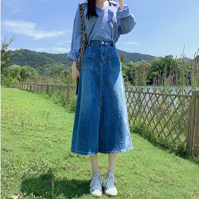 ZAZN Denim Long Skirts Women's Dark Blue-19