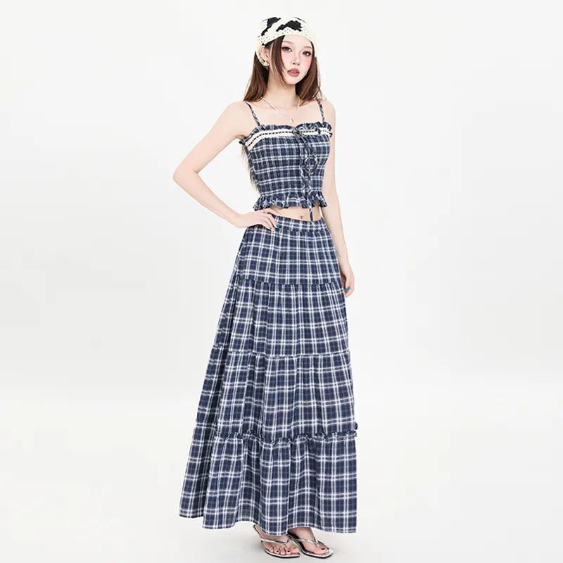 ZAZN Casual Long Skirts Women's Blue Plaid-3