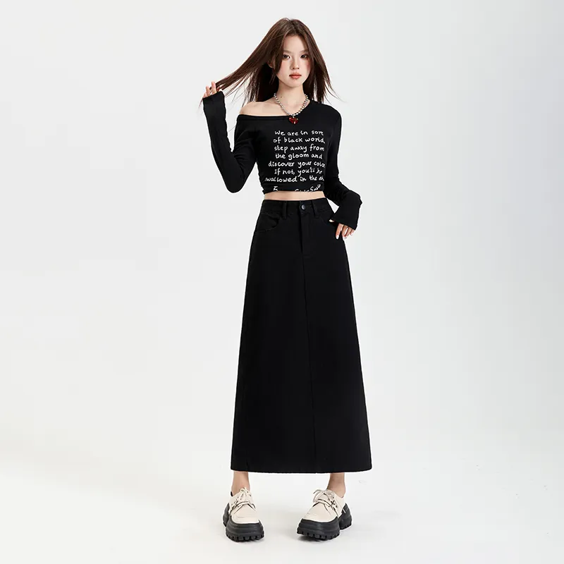 ZAZN Denim Long Skirts Women's Black-1