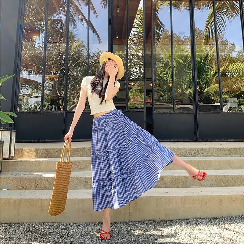 ZAZN Casual Long Skirts Women's Blue Plaid-4