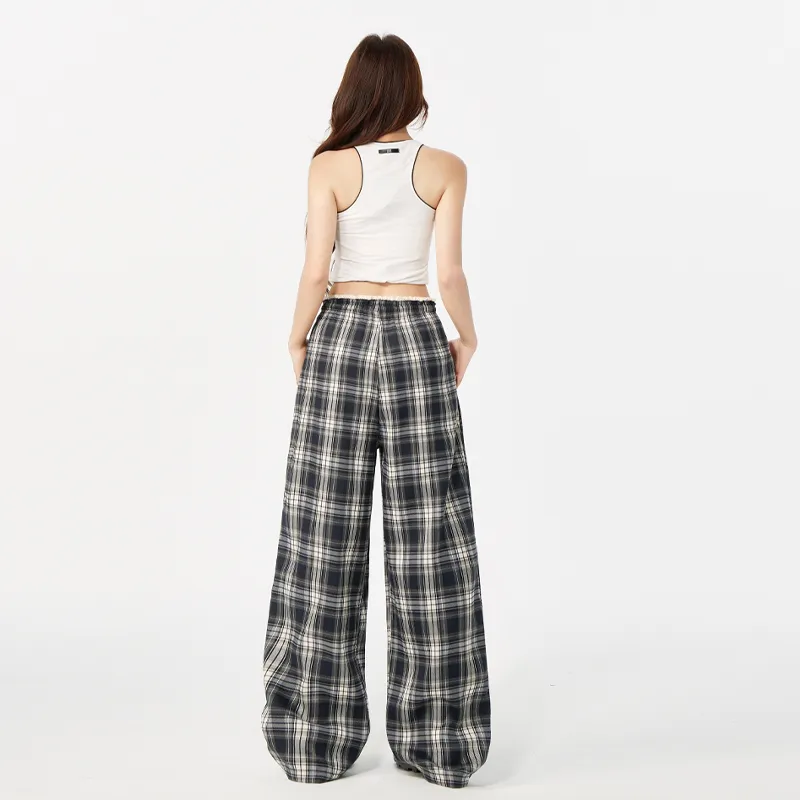 ZAZN Casual Pants Women's Gray Blue Plaid-5