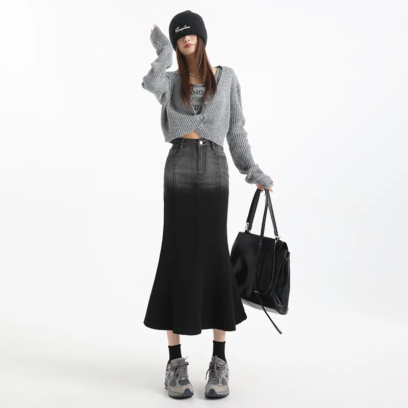 ZAZN Denim Long Skirts Women's Gray Black-2