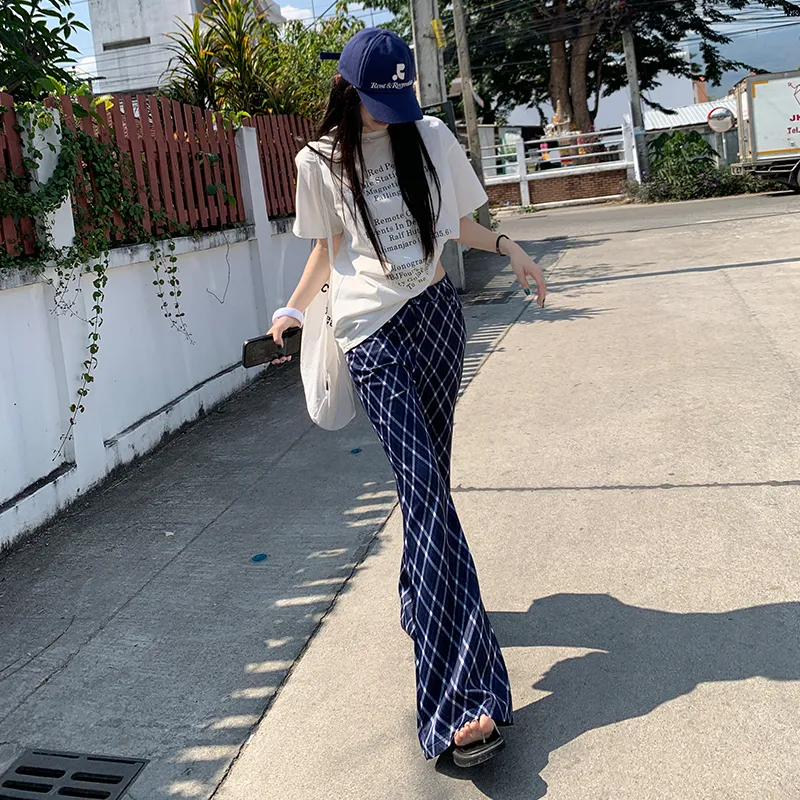 ZAZN Casual Pants Women's Blue White Plaid Diamond-3