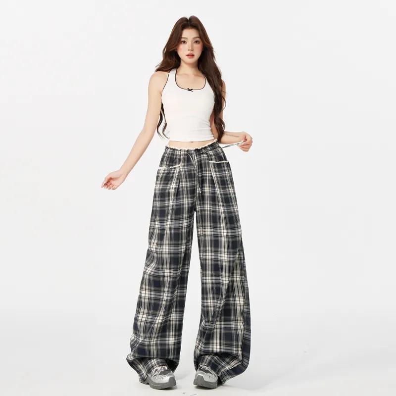 ZAZN Casual Pants Women's Gray Blue Plaid-9