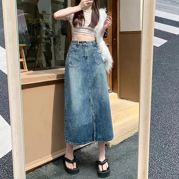 ZAZN Denim Long Skirts Women's Vintage Blue-2