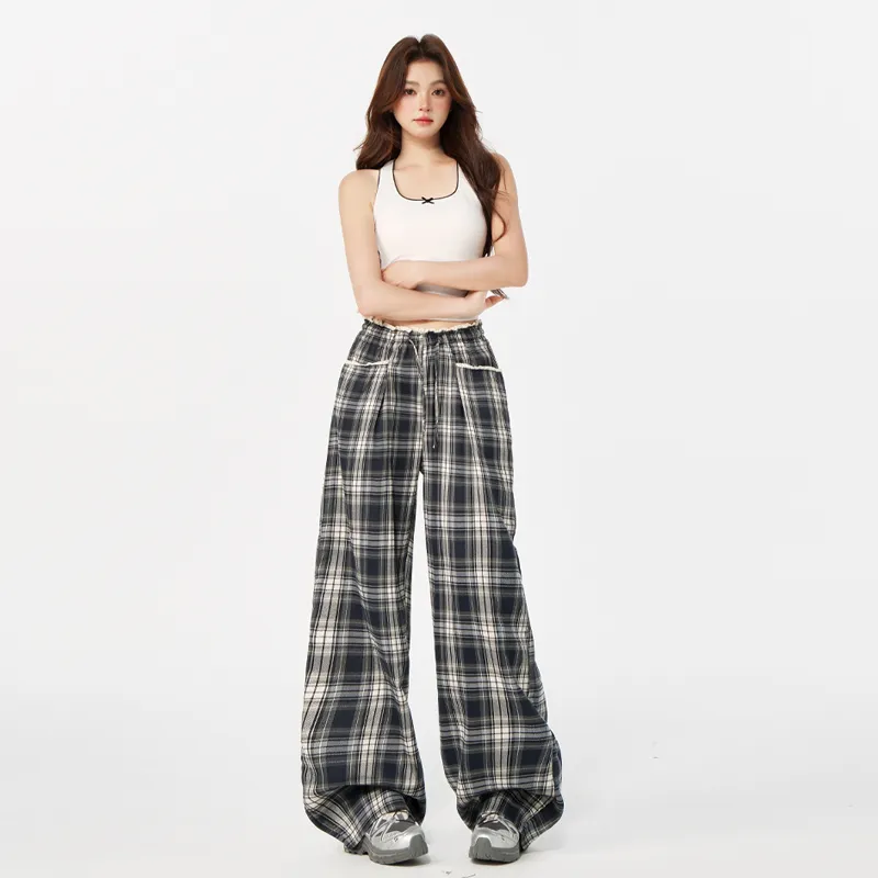 ZAZN Casual Pants Women's Gray Blue Plaid-7