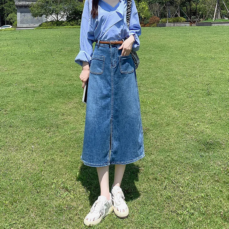 ZAZN Denim Long Skirts Women's Dark Blue-16