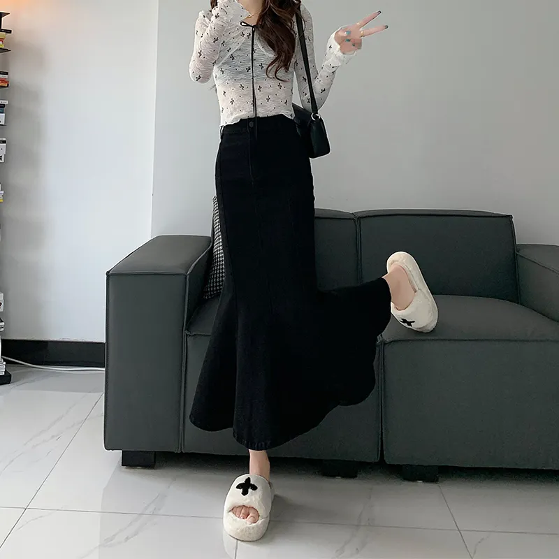 ZAZN Denim Long Skirts Women's Black-3