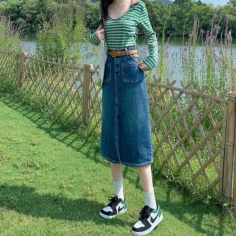 ZAZN Denim Long Skirts Women's Dark Blue-4