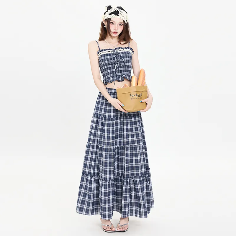 ZAZN Casual Long Skirts Women's Blue Plaid-4