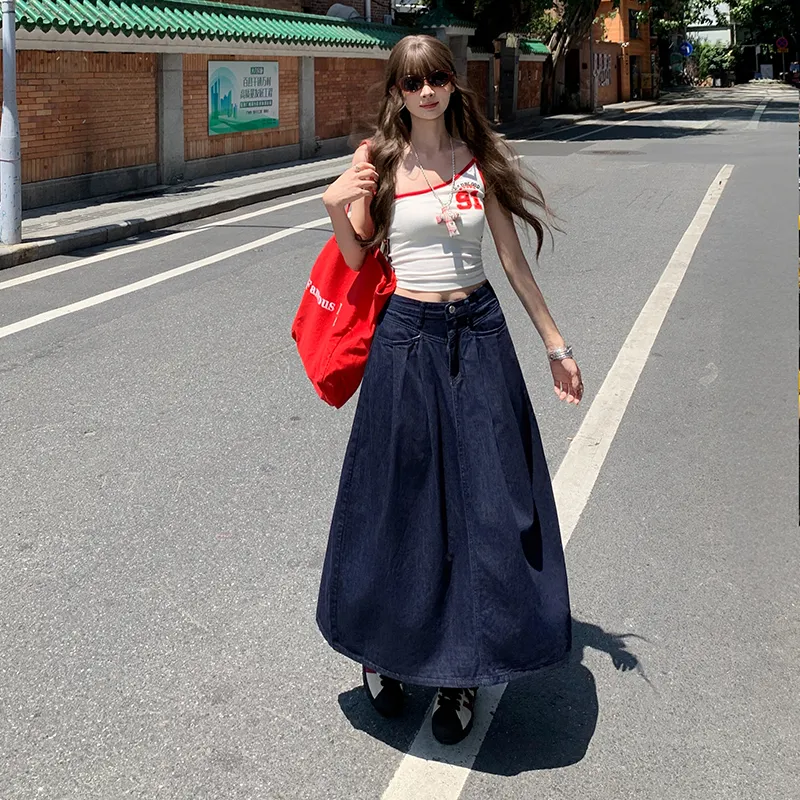 ZAZN Denim Long Skirts Women's Navy Blue-4