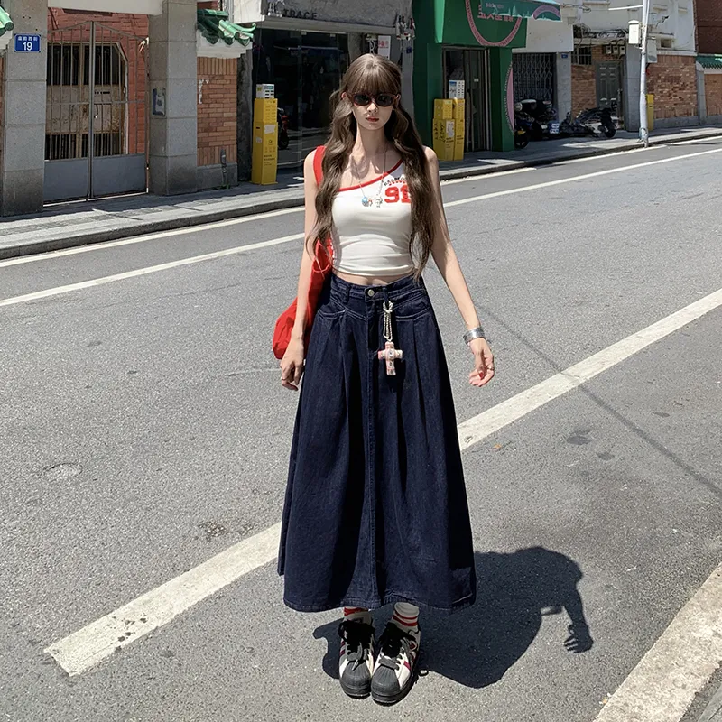 ZAZN Denim Long Skirts Women's Navy Blue-2