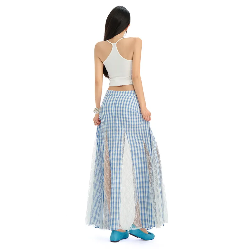 ZAZN Casual Long Skirts Women's Blue Plaid-2