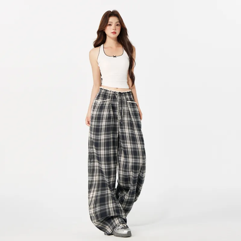 ZAZN Casual Pants Women's Gray Blue Plaid-3