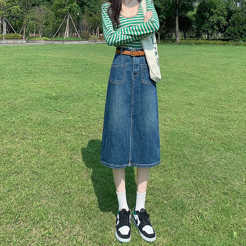 ZAZN Denim Long Skirts Women's Dark Blue-2
