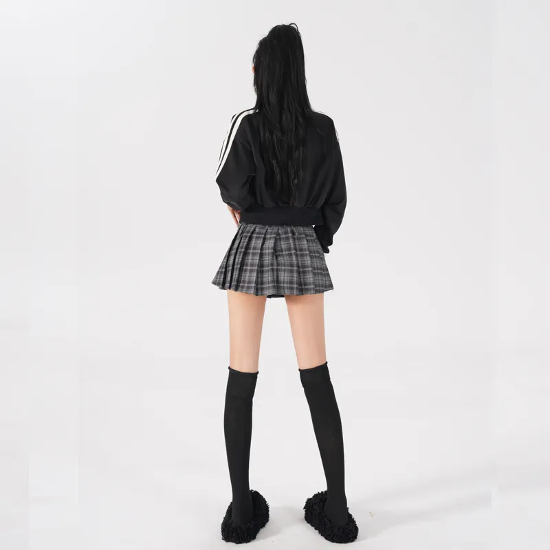 ZAZN Casual Short Skirts Women's Black Plaid Lining+Belt-5