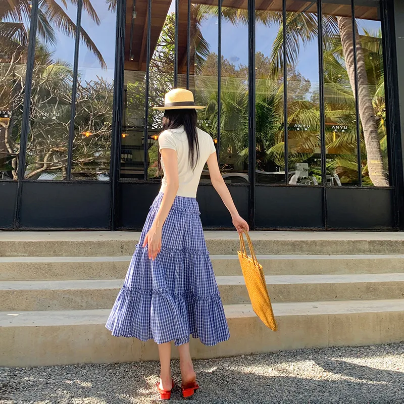 ZAZN Casual Long Skirts Women's Blue Plaid-5