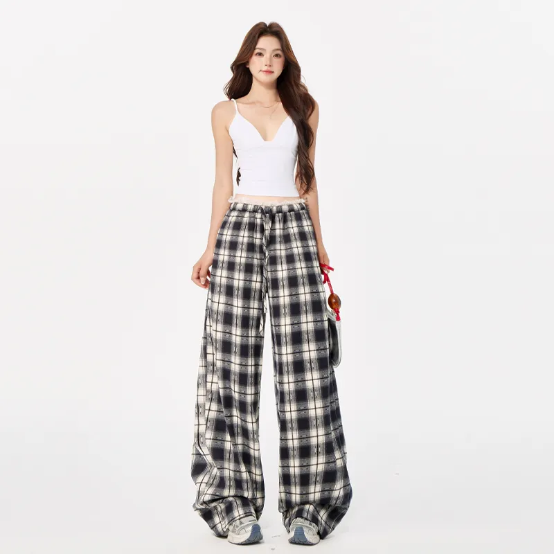 ZAZN Casual Pants Women's Lace Trim Plaid-11