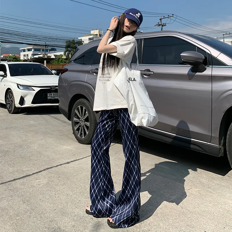 ZAZN Casual Pants Women's Blue White Plaid Diamond-4