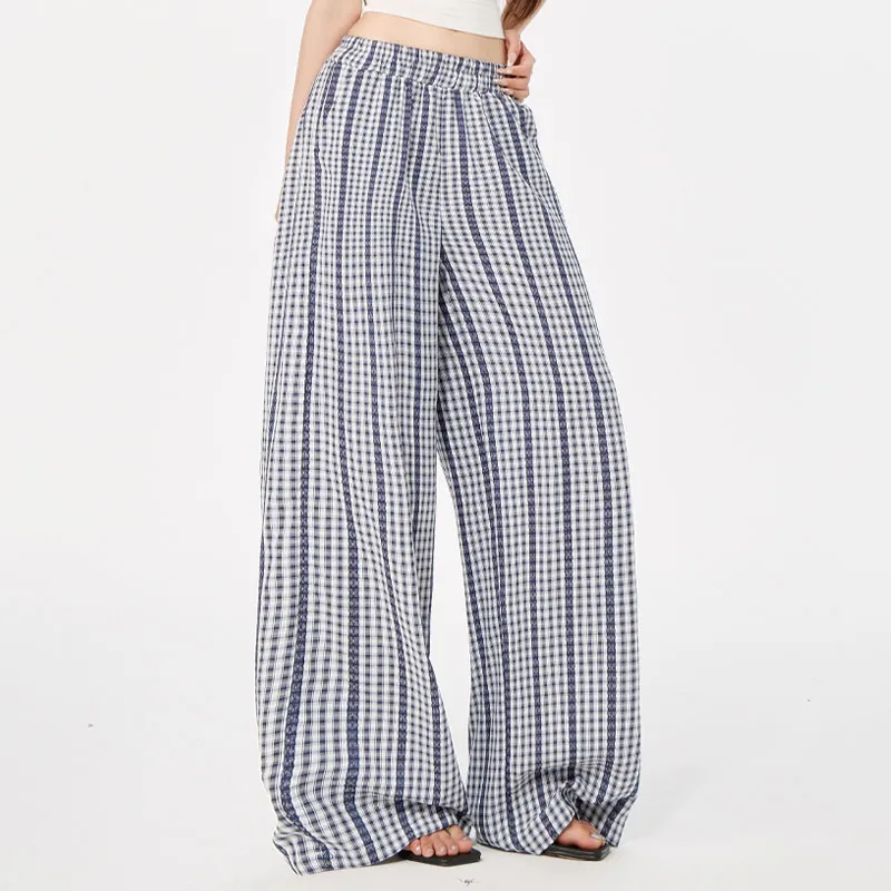 ZAZN Casual Pants Women's Blue Plaid-2