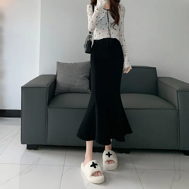 ZAZN Denim Long Skirts Women's Black-2