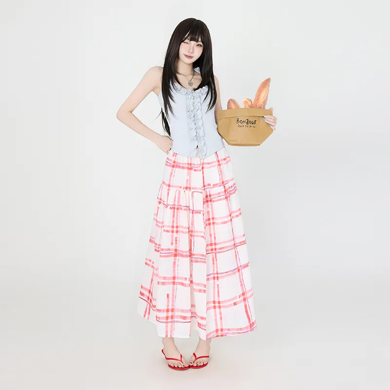 ZAZN Casual Long Skirts Women's Red Plaid-5