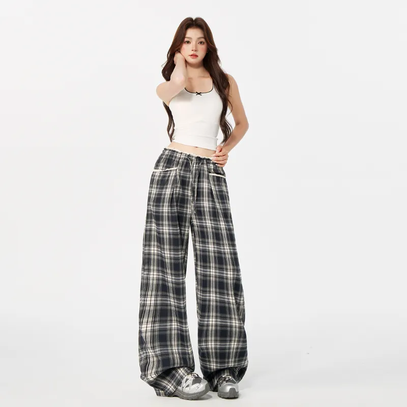ZAZN Casual Pants Women's Gray Blue Plaid-10