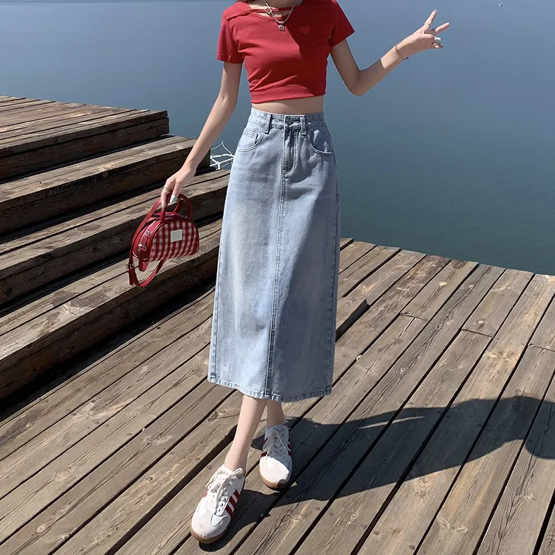 ZAZN Denim Long Skirts Women's Light Blue-4