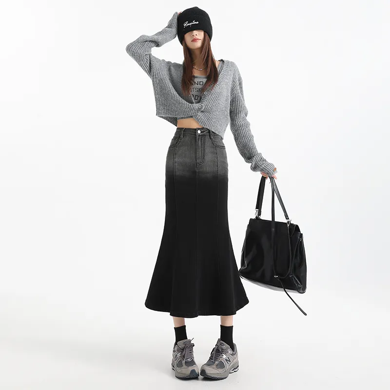 ZAZN Denim Long Skirts Women's Gray Black-1