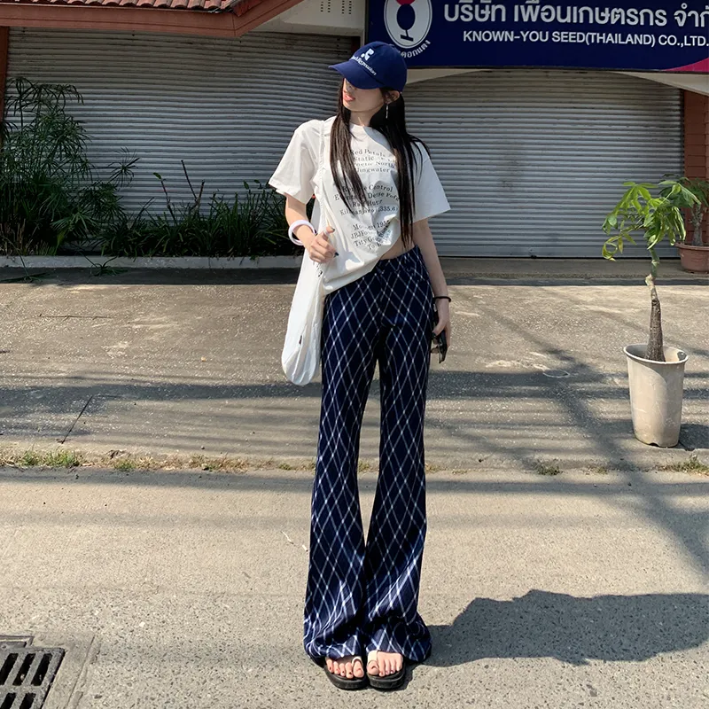 ZAZN Casual Pants Women's Blue White Plaid Diamond-11