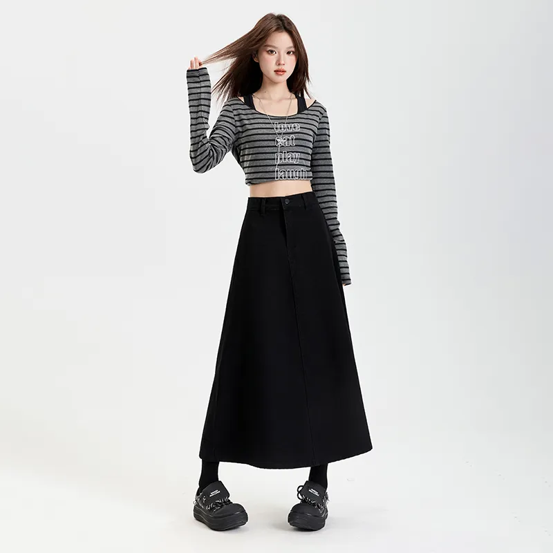 ZAZN Denim Long Skirts Women's Black-3