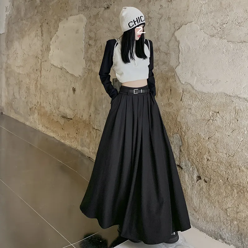 ZAZN Casual Long Skirts Women's Black Includes Belt-1