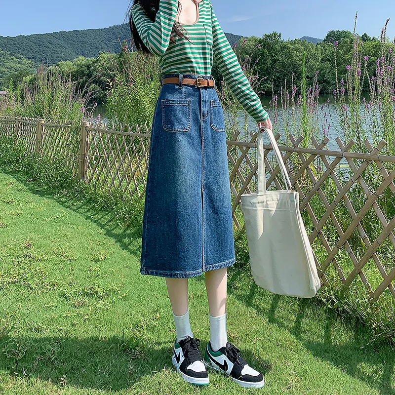 ZAZN Denim Long Skirts Women's Dark Blue-5