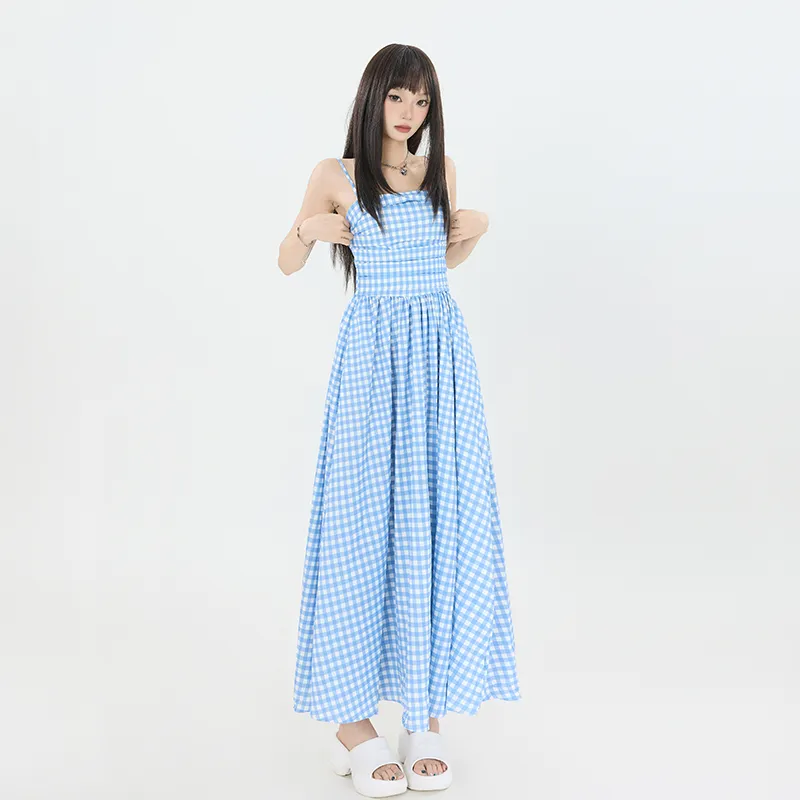 ZAZN Slip Dresses Women's Blue White Plaid-3