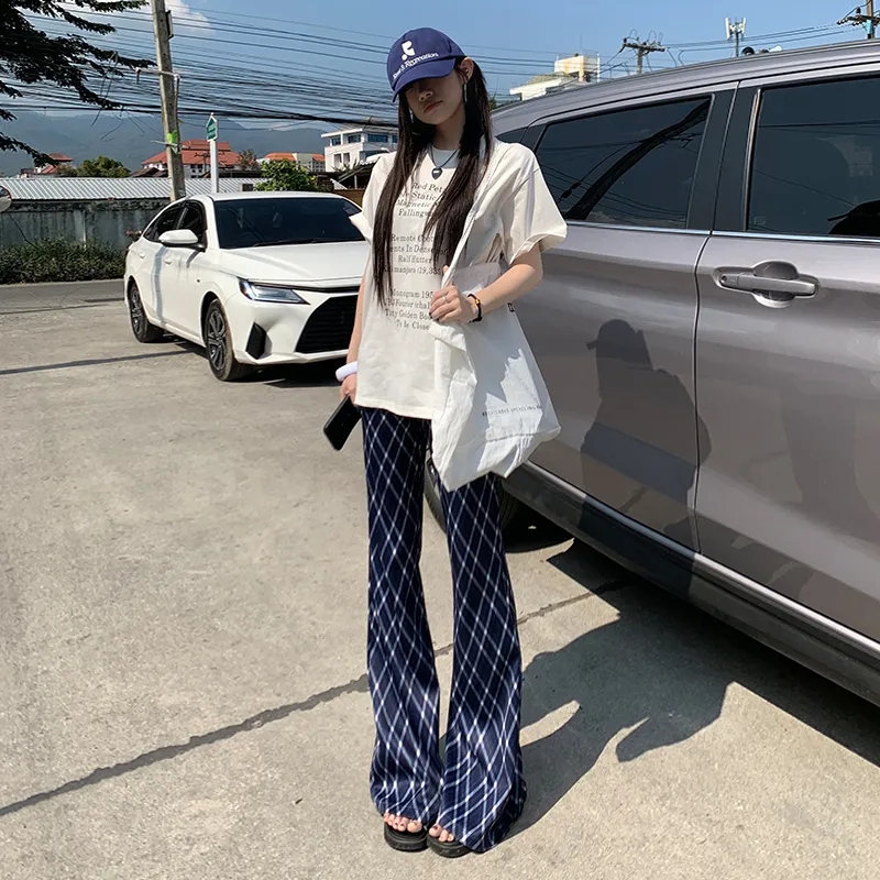 ZAZN Casual Pants Women's Blue White Plaid Diamond-2